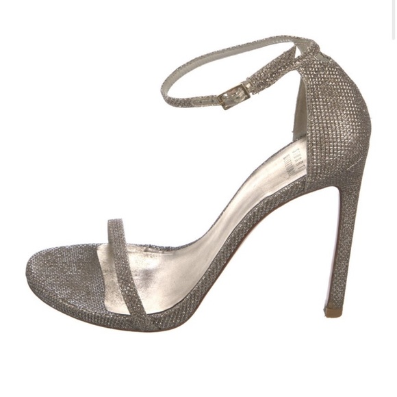 $495 Stuart‎ Weitzman Platino Silver Nudistcurve Ankle Sandal heels women size 8 - Picture 1 of 5